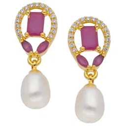 Sri Jagdamba Pearls Dealer Gold-Plated Contemporary Stone Studded & Beaded Drop Earrings-image-69