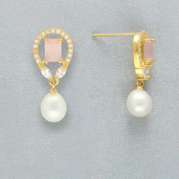 Sri Jagdamba Pearls Dealer Gold-Plated Contemporary Stone Studded & Beaded Drop Earrings-image-23