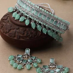 ZENEME Silver-Plated Cubic Zirconia-Studded & Beaded Necklace with Earrings-34