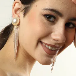 SOHI Gold-Plated Pearl Tasselled Contemporary Drop Earrings-14