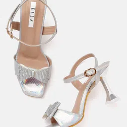ELLE Silver-Toned Iridescent Effect Party Slim Heels with Embellished Bow Detail-7