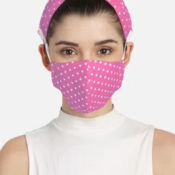 Anekaant 3-Ply Pink & White Polka Dot Printed Cotton Fabric Fashion Hairband & Mask-image-77