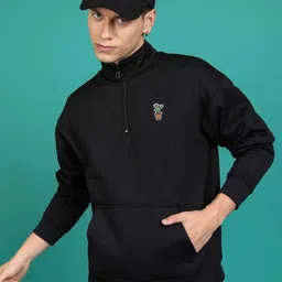 HIGHLANDER Black Mock Collar Drop Shoulder Sleeves Relaxed Fit  Pullover Sweatshirt-picture-5
