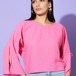 Globus Pink Vertical Striped  Round Neck Slit Sleeves Boxy Fit Casual Top-image-48