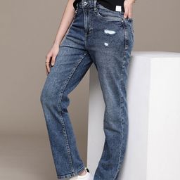 The Roadster Life Co. Women Straight Fit Low Distress Light Fade Stretchable Jeans-image-65