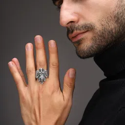 Bold by Priyaasi Men Silver-Plated Crown Adorned with Lion Face Textured Finger Ring-39