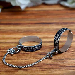 FIROZA Women Oxidised Silver-Toned Chain Linked Adjustable Finger Rings-43