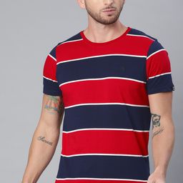 Urbano Fashion Men Navy BlueRed Striped Round Neck Pure Cotton T-shirt-image-25