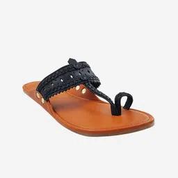 THE MADRAS TRUNK Women Black Woven Design Leather Open Toe Flats image 4