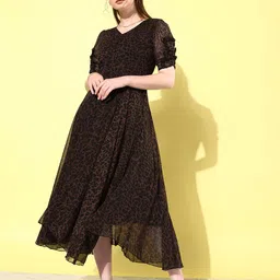 ANVI Be Yourself Animal Print Puff Sleeves Ruffled Chiffon Fit & Flare Midi Dress-picture-38