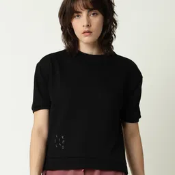 ARTICALE Women Black Typography Drop-Shoulder Sleeves Slim Fit T-shirt-picture-3
