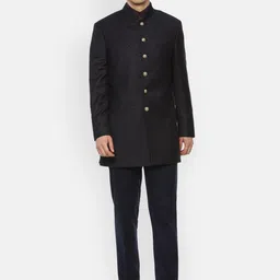 V Dot Men Black & Gold-Coloured Printed Single-Breasted 2-Piece Slim-Fit Bandhgala Suit-image-18