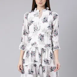 SHOWOFF Floral Print Tie-Up Neck Puff Sleeve Fit & Flare Dress-image-27