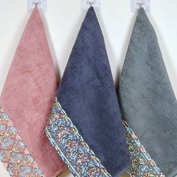 RANGOLI 3-Pcs Pink & Blue 550 GSM Double Ply Pure Cotton Hand Towels-18