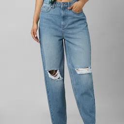 ONLY Women Blue Relaxed Fit High-Rise Highly Distressed Light Fade Jeans-picture-45