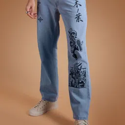 The Souled Store Men Blue Straight Fit Mildly Distressed Printed Stretchable Jeans-image-91