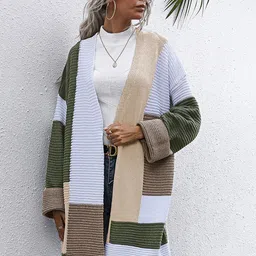 StyleCast Olive Green & White Colourblocked Longline Front-Open Sweater-picture-6