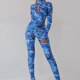 LULU & SKY Abstract Printed High Neck Cut Out Jumpsuit-33