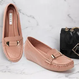 ELLE Women Textured Embellished Comfort Insole Lightweight Horsebit Loafers-image-95