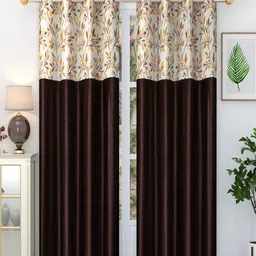 Homefab India Stylish Fern Coffee Brown & Cream 2 Pieces Floral Printed Door Curtains-46