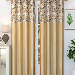 Homefab India Stylish Fern Beige & White 2 Pieces Floral Printed Door Curtains-19