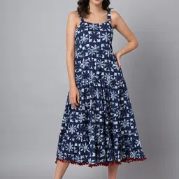 Divena Floral Printed Shoulder Straps Smocked Pure Cotton Fit & Flare Casual Midi Dress-image-74