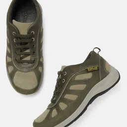 Woodland Men Olive Green & Khaki Nubuck Colourblocked Wide Fit Sneakers-image-22
