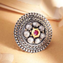 Rubans Oxidized Silver-Toned Red Stone-Studded Adjustable Finger Ring-picture-16