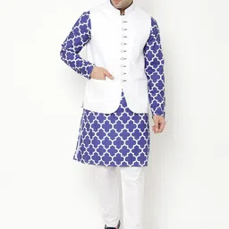 Hangup Men Blue Printed Cotton Mandarin Collar Blend Kurta with Pyjamas image 1