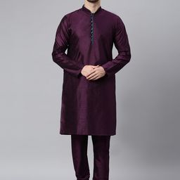 Hangup Men Purple Regular Thread Work Dupion Silk Kurta with Churidar & Nehru Jacket image 3