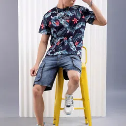 The Indian Garage Co Navy Blue Tropical Printed Slim Fit T-shirt-image-54