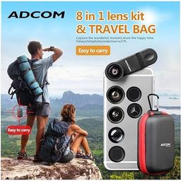 Adcom 8 in 1 Mobile Phone Camera Lens Kit for 0.36x, 0.63x Wide Angle Lens, 2X Telephoto, Kaleidoscope, Starburst, 198 Fisheye, 15x Macro Lens, CPL Universal Clip-On Cell Phone Travel Lens (Black) image 2