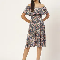 Slenor Floral Print Off-Shoulder Flared Sleeve Georgette Fit & Flare Dress-image-78