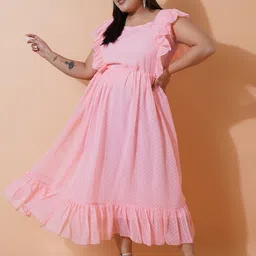 U&F Beyond Plus Size Self Design Square Neck Ruffled Georgette Fit and Flare Midi Dress-13