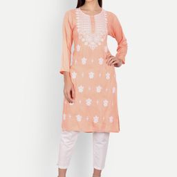 Indiankala4u Women Peach-Coloured & White Floral Embroidered Thread Work Kurta-image-37