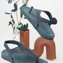 ELLE Textured T-Strap Flats With Backstrap & Laser Cuts image 1
