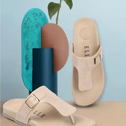 Elle Open Toe T-Strap Flats With Buckle Detail-2