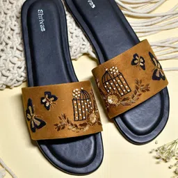 SHRIVAS BY ARCHITA MEHTA Cageb Embroidered Suede Open Toe Flats-38