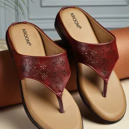 AROOM Textured Leather Open Toe Flats With Laser Cuts-1