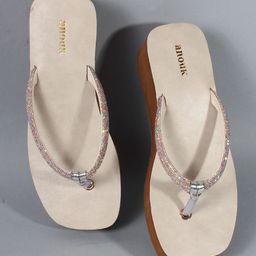 Anouk White & Gold-Toned Embellished Flatform Heels-36