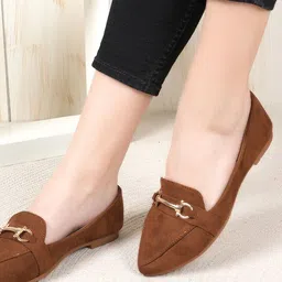 DressBerry Tan Brown Pointed Toe Buckles Detail Ballerinas-5