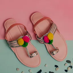 LIL PITAARA Girls Pom Pom Embellished Ethnic One Toe Flats-picture-56