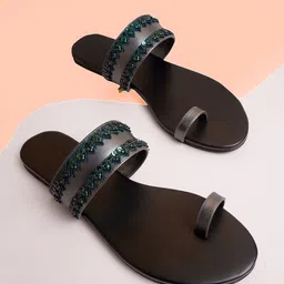 Anouk Black Embellished One Toe Flats-21