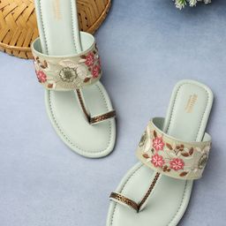 Anouk Sea Green & Pink Embellished Embroidered Open One Toe Flats-49