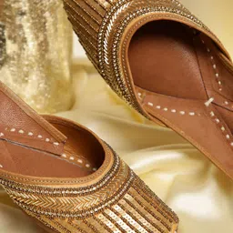 GLAM STORY Women Gold-Toned Leather Embellished Mojaris Flats-picture-30