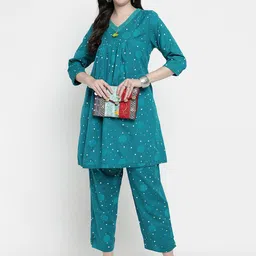 aayusika Abstract Printed V-Neck Flared Knee Length A-Line Kurta With Trouser image 1