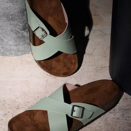 MOZAFIA Open Toe Flats With Buckle Detail-image-60