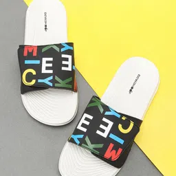 Bewakoof Men Black & White Mickey Typo Printed Sliders-picture-11