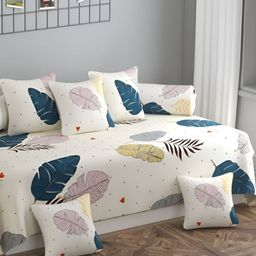 YaAkholic Set Of 8 Cream & Blue Printed210TC DiwanSet-42