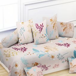 YaAkholic Set Of 8 Cream & Blue Floral Printed210TC DiwanSet-47